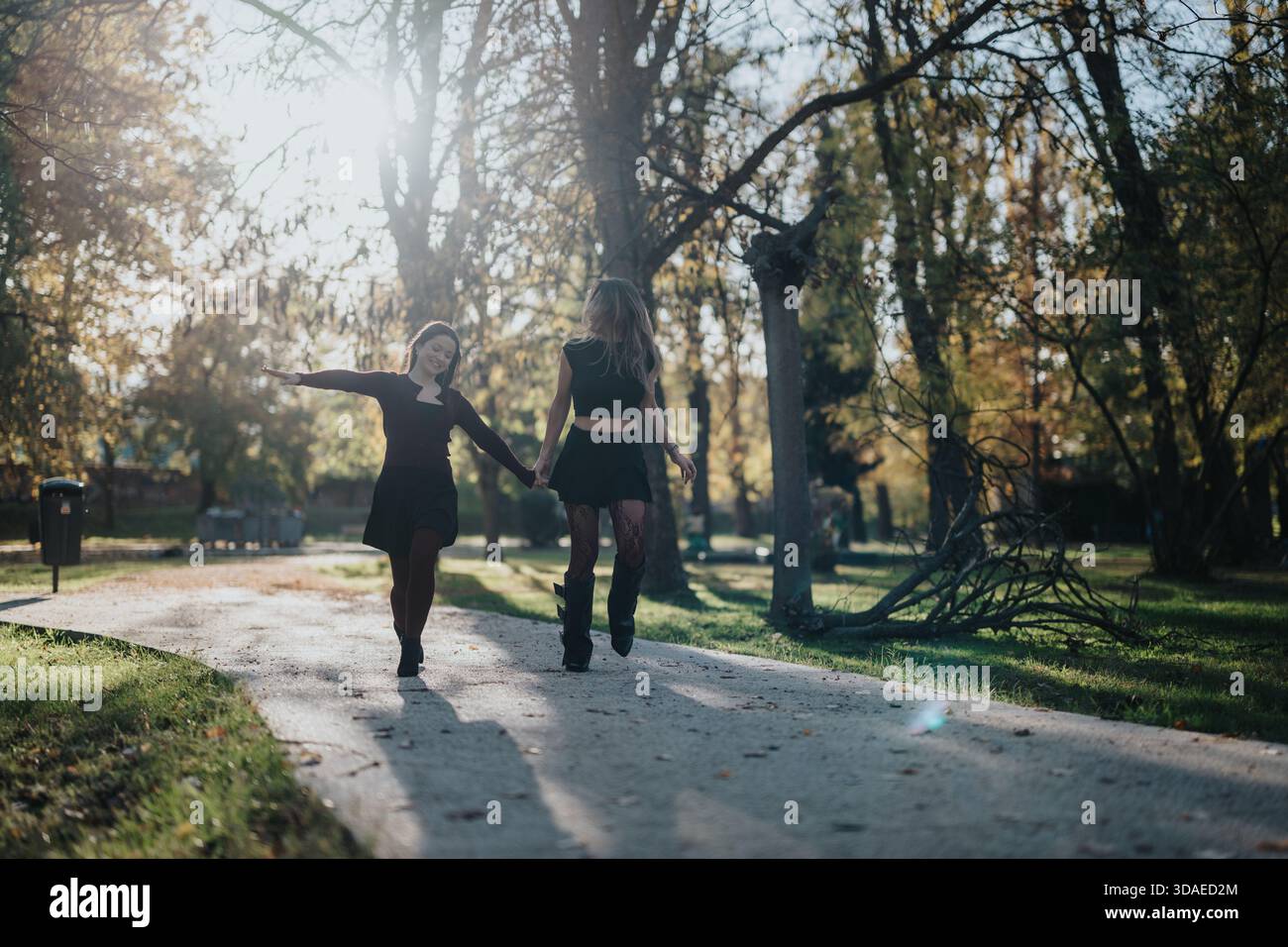 Two girls walking hand in hand in a sunlit autumn park, smiling and ...