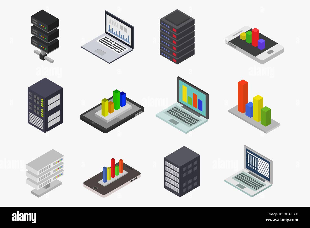 Big data isometric icons illustrated in vector on white background Stock Vector