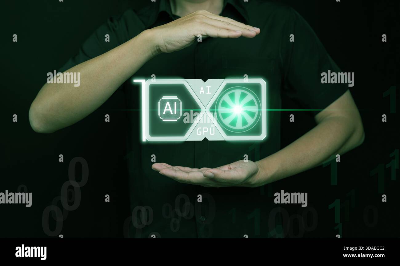 A glowing AI GPU floating between two hands, symbolizing advanced artificial intelligence hardware, high-performance computing, digital display techno Stock Photo
