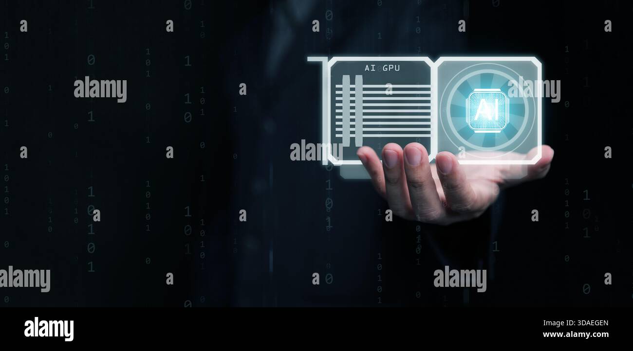 AI GPU concept. A man holds glowing graphics processing unit with artificial intelligence chip. Advanced computing power, high performance display tec Stock Photo