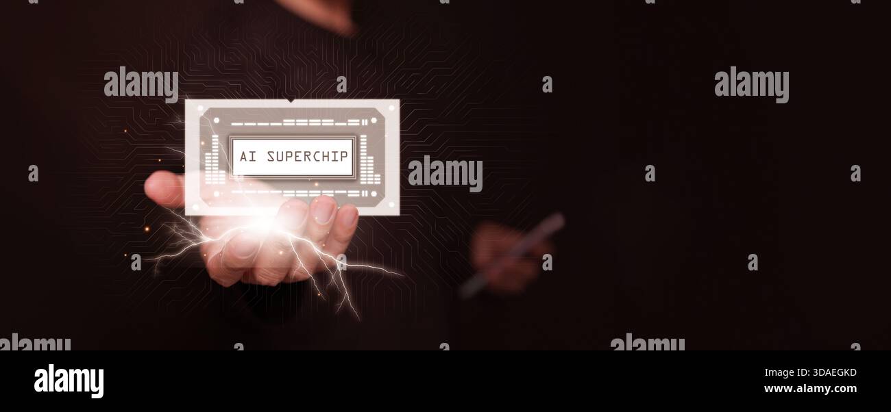 Futuristic AI superchip on a man hand. Advanced computing for large-scale artificial intelligence, machine learning, big data, supercomputer, high spe Stock Photo