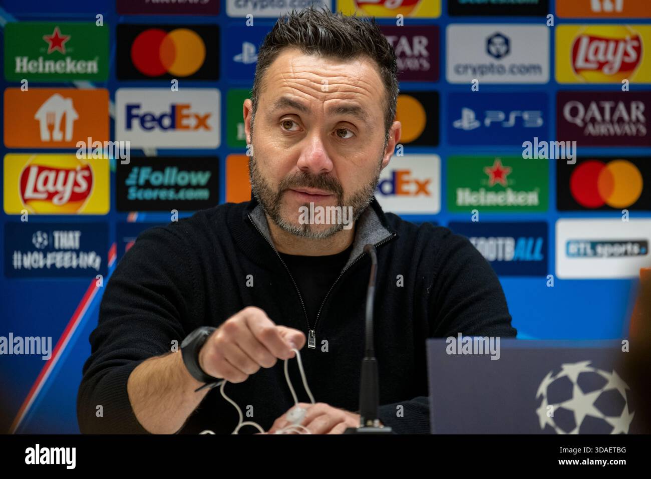 Brussels, Belgium. 09th Dec, 2025. Olympique Marseille Assistant Coach  Jacques Abardonado during the Press Conference after the UEFA Champions  League 2025/26 League Phase MD6 match between Union SG and Olympique  Marseille at