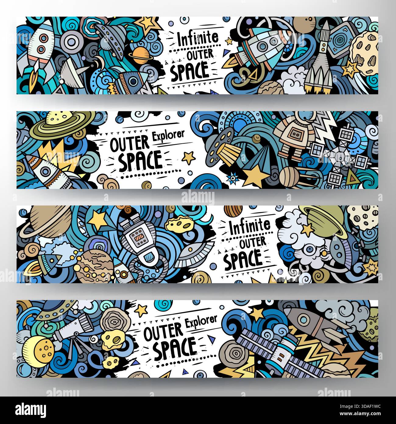 Cartoon vector doodle set of Outer Space banners Stock Vector Image ...