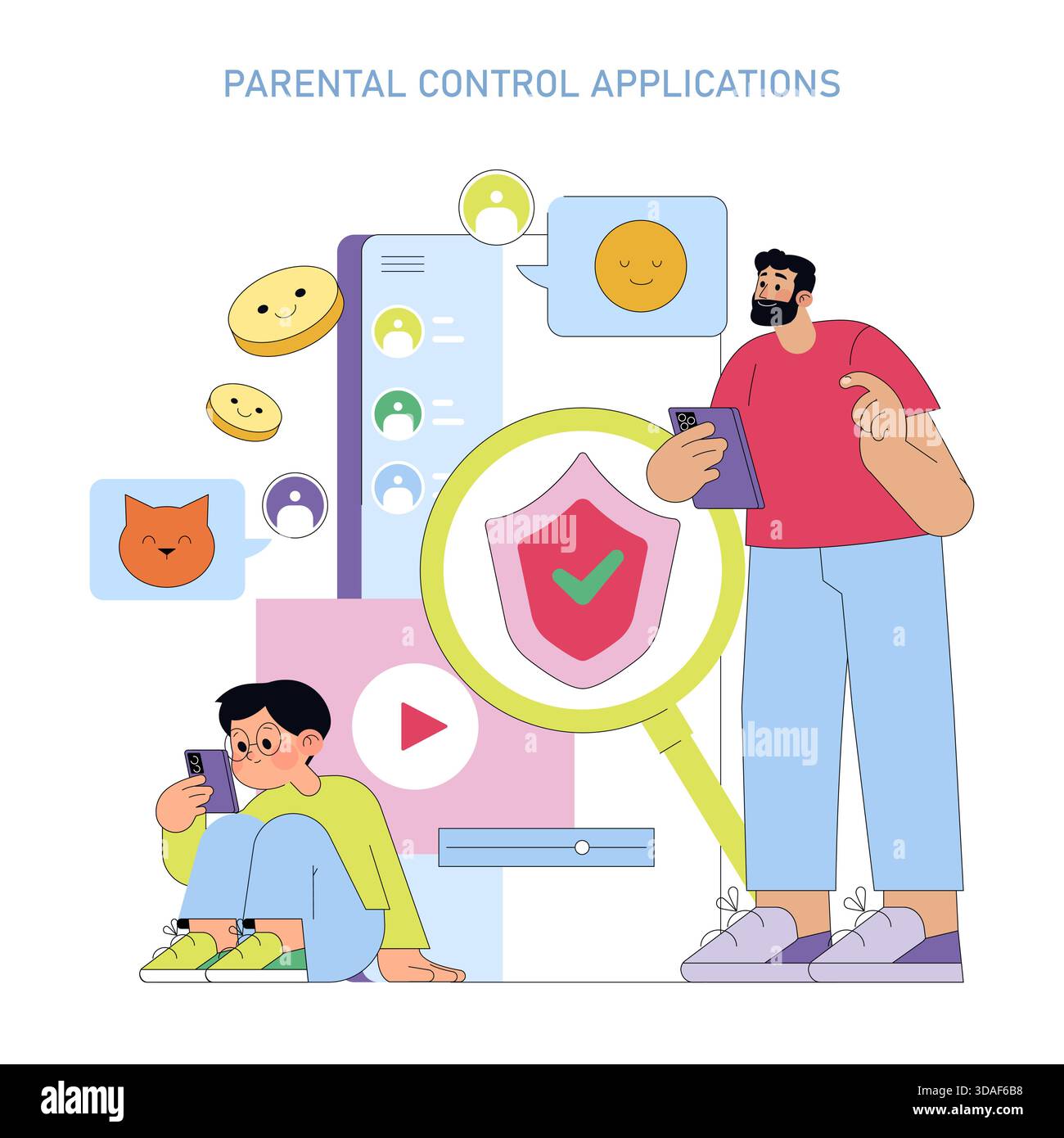 Vector illustration depicting parental control app usage. Adult ...