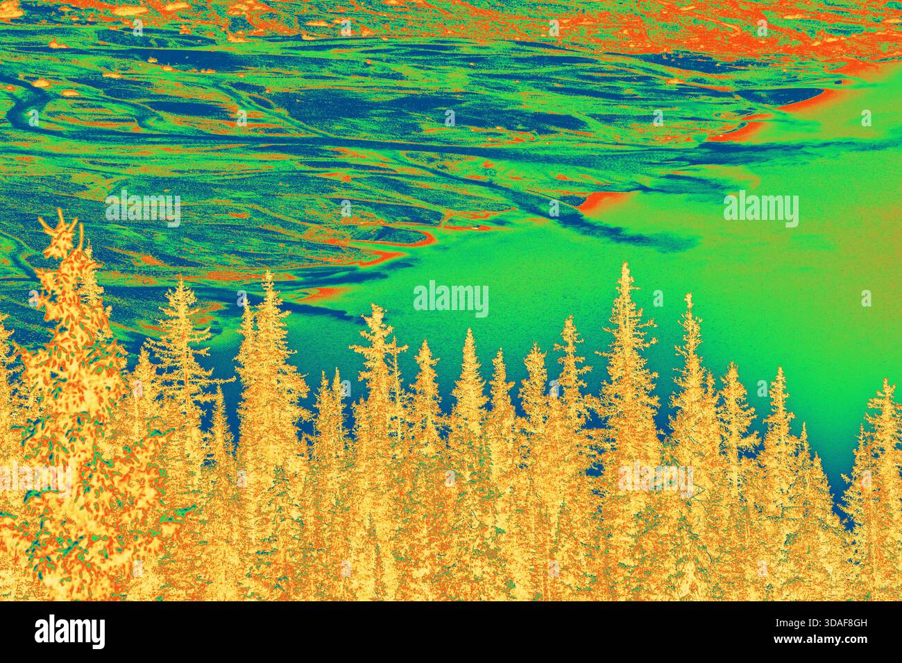 Infrared Gradient Map Forest Silhouette and Vibrant Lake Water Abstract ...