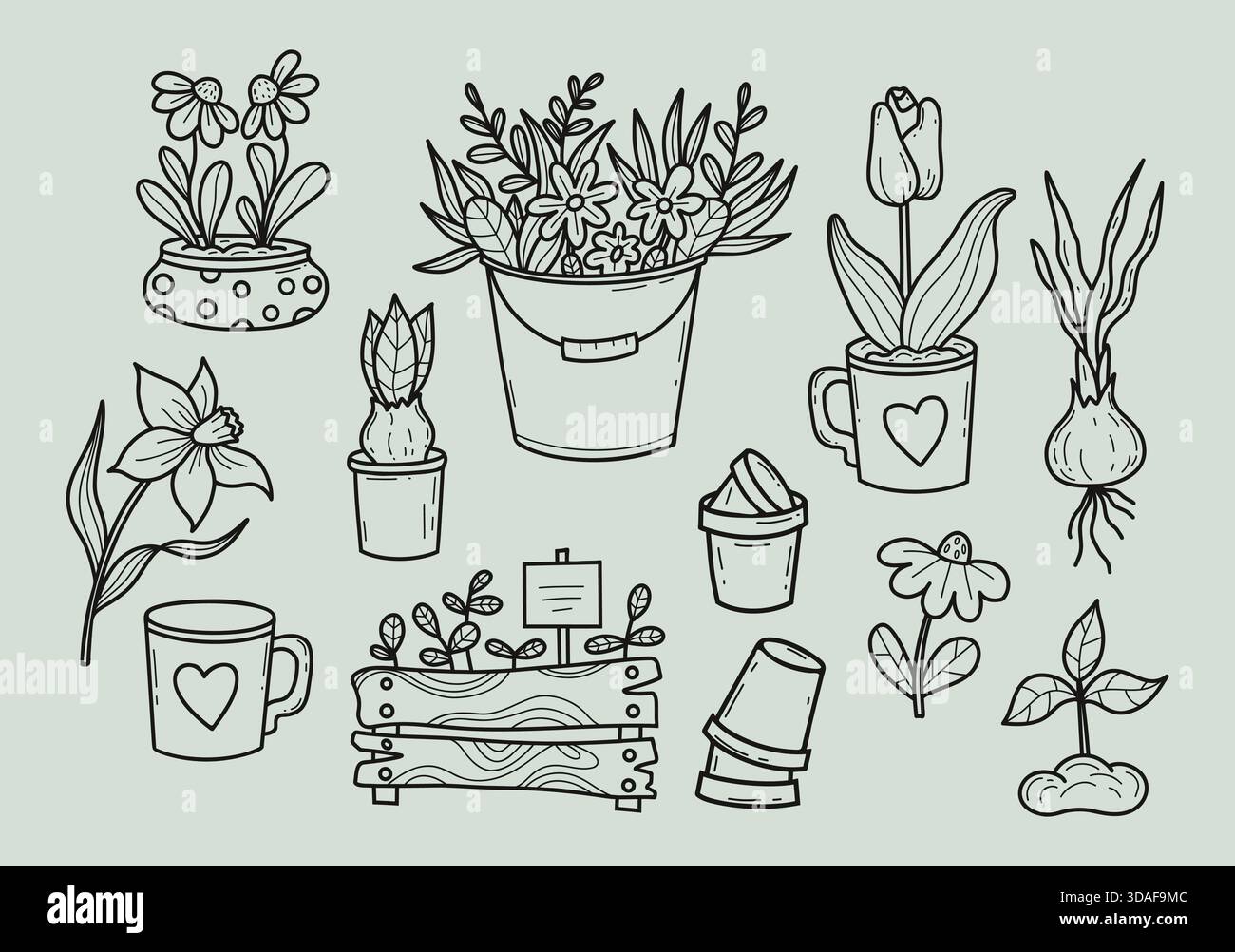 Spring Garden Flowers, Gardening Hobby Hand Drawn Doodle. Vector ...