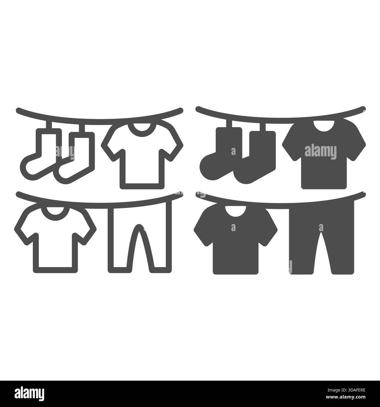 Washed clothes on strings line and solid icon, washing concept. Vector graphics. Clean linen, laundry sign on white background, outline style icon for Stock Vector