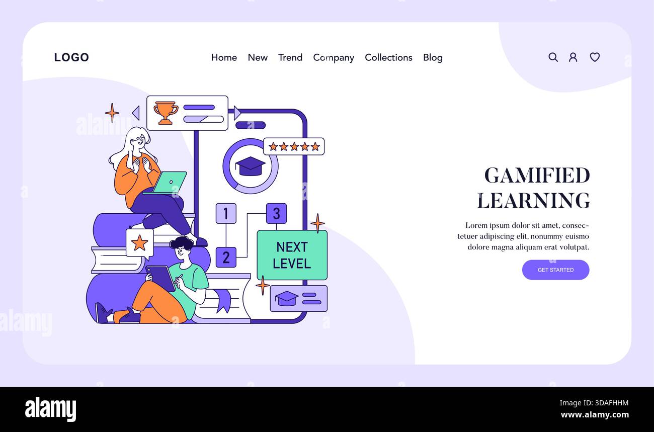 Vector illustration showcasing a gamified learning concept with two people using devices. Visual elements include progress charts, stars, and educational symbols, emphasizing engaging digital education. Stock Vector