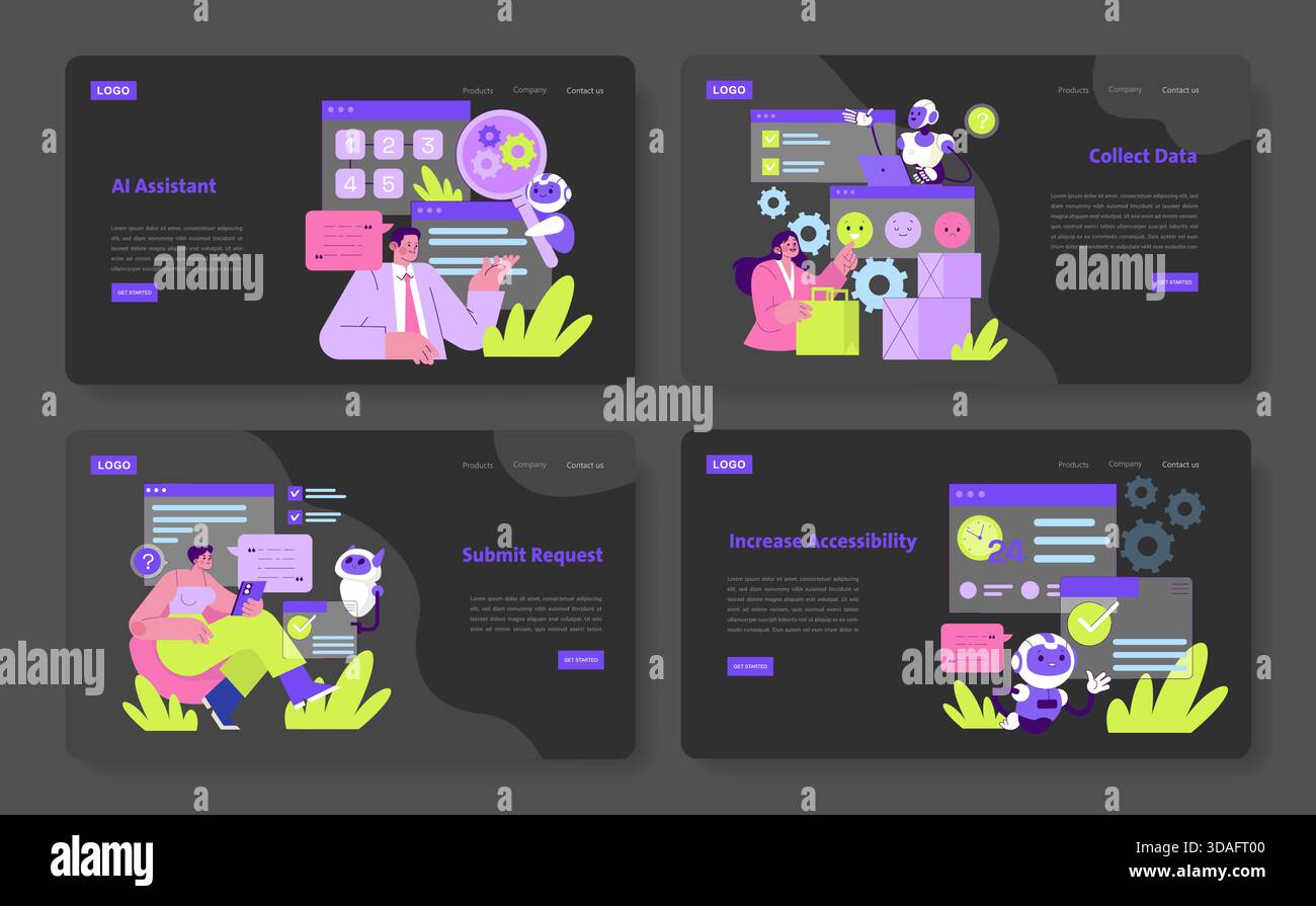 Vector illustration showcasing AI assistant, data collection, request submission, and accessibility increase. Characters interact with digital interfaces, highlighting technology integration. Stock Vector
