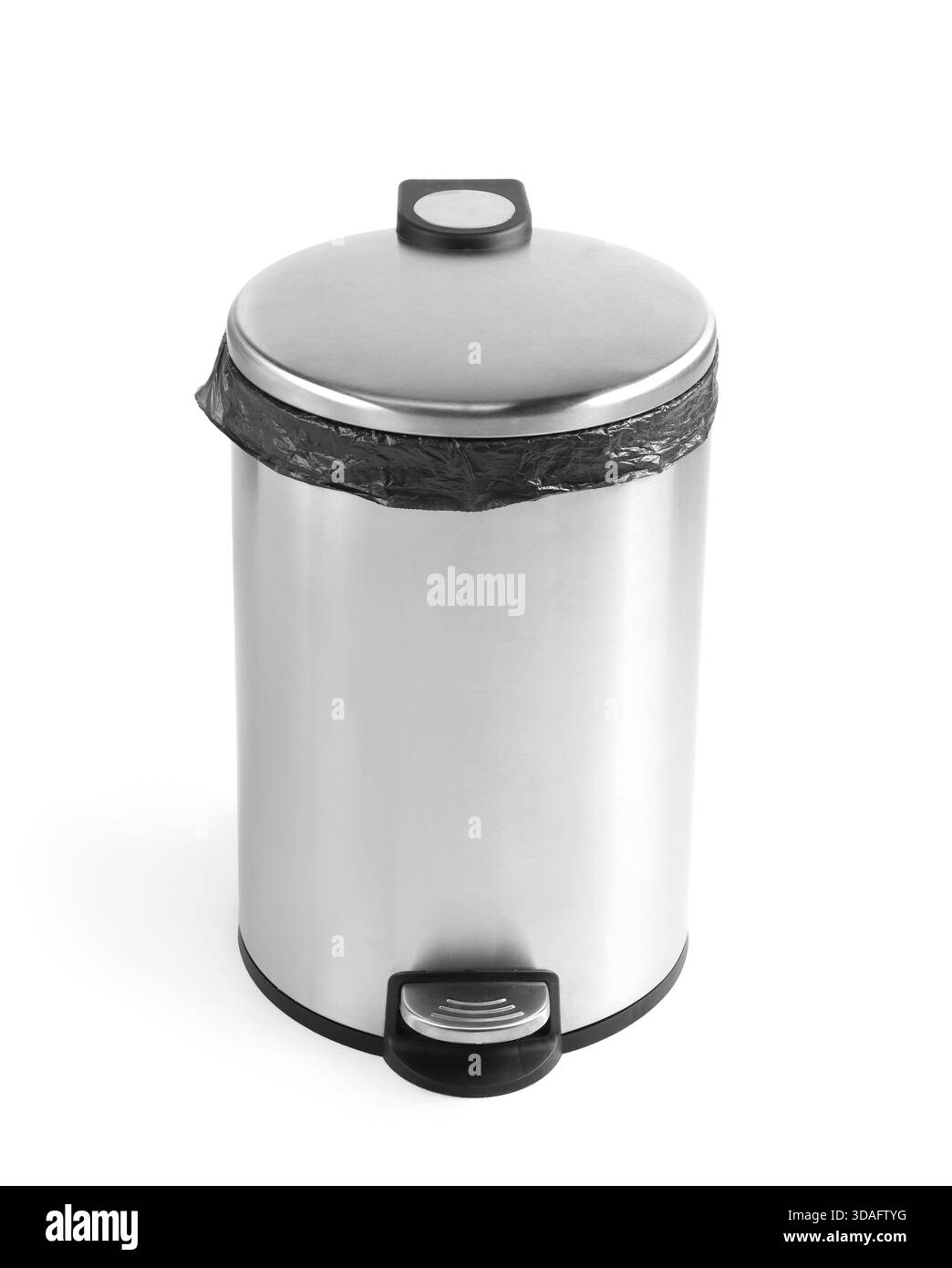 One metal trash bin with plastic bag isolated on white Stock Photo - Alamy