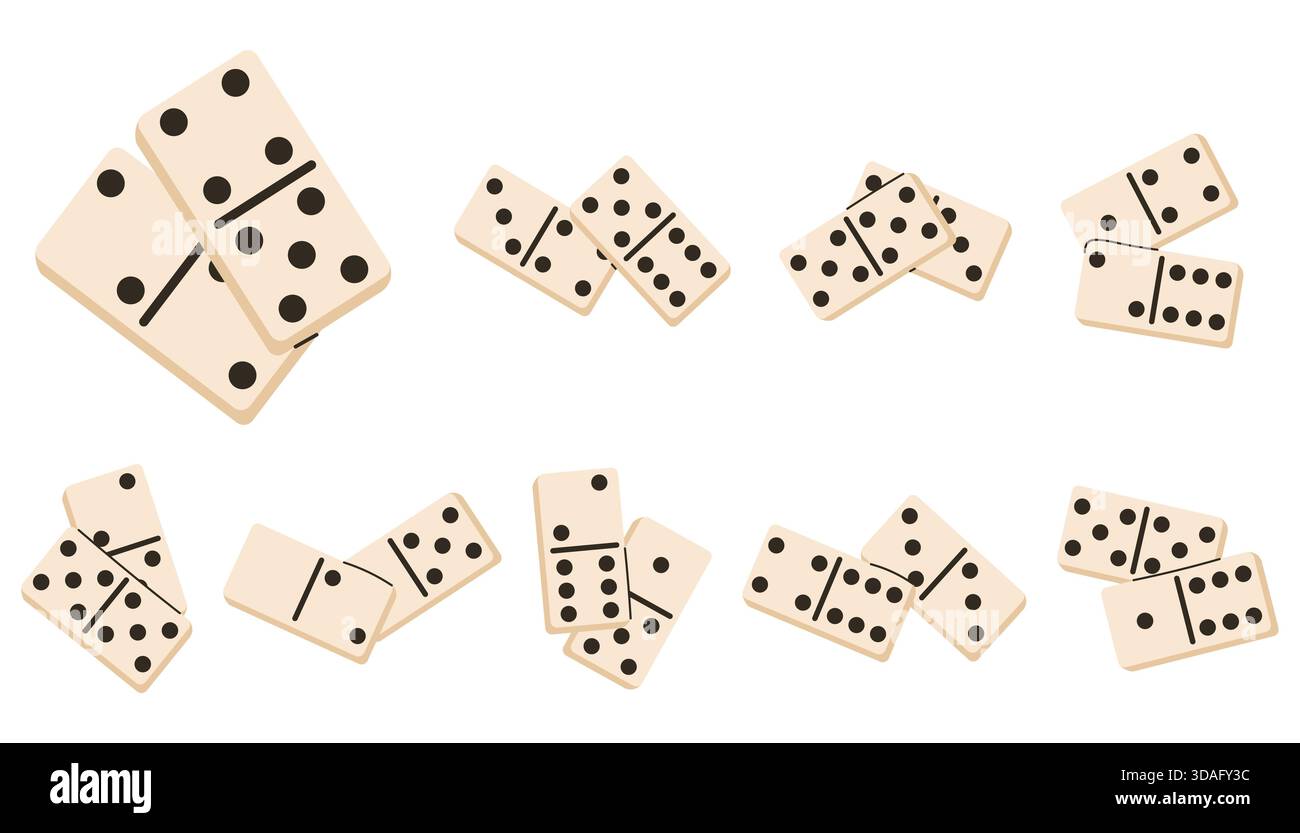 Set of fun domino game pieces arranged in playful compositions. Simple flat shapes create a cheerful game mood perfect for kid themes, creative layout Stock Vector