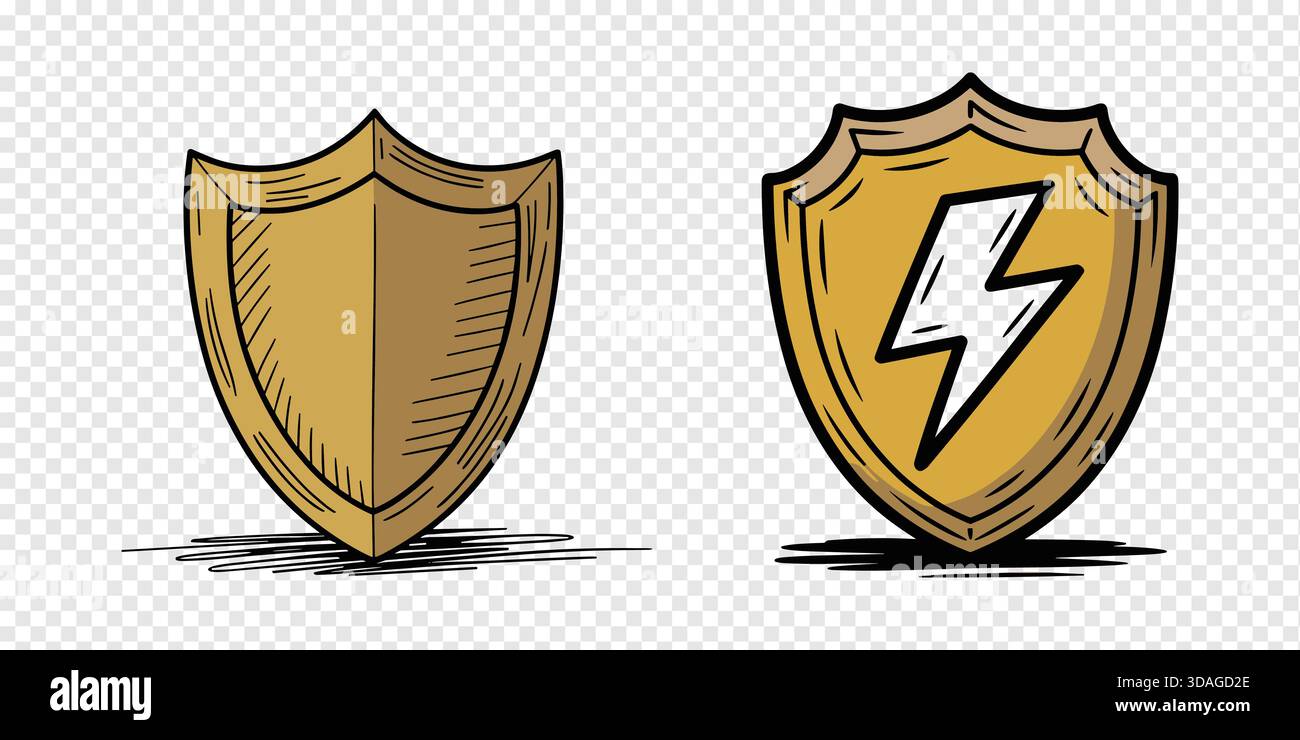 Sketch-Style Shield Vector Set with Lightning Bolt Emblem on Transparent Background Stock Vector