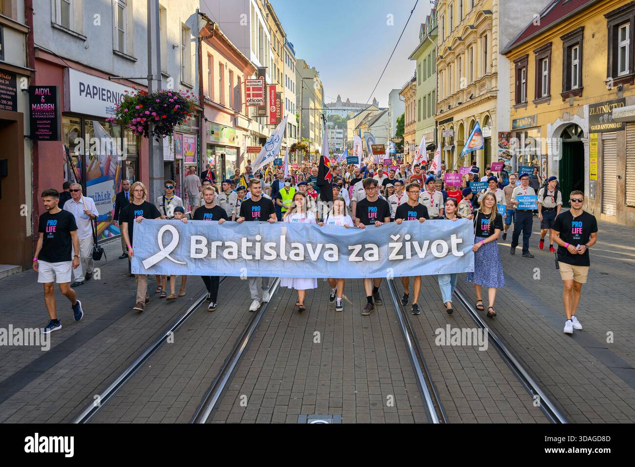March for Life procession moving through the streets of Bratislava, Slovakia. - Stock Image