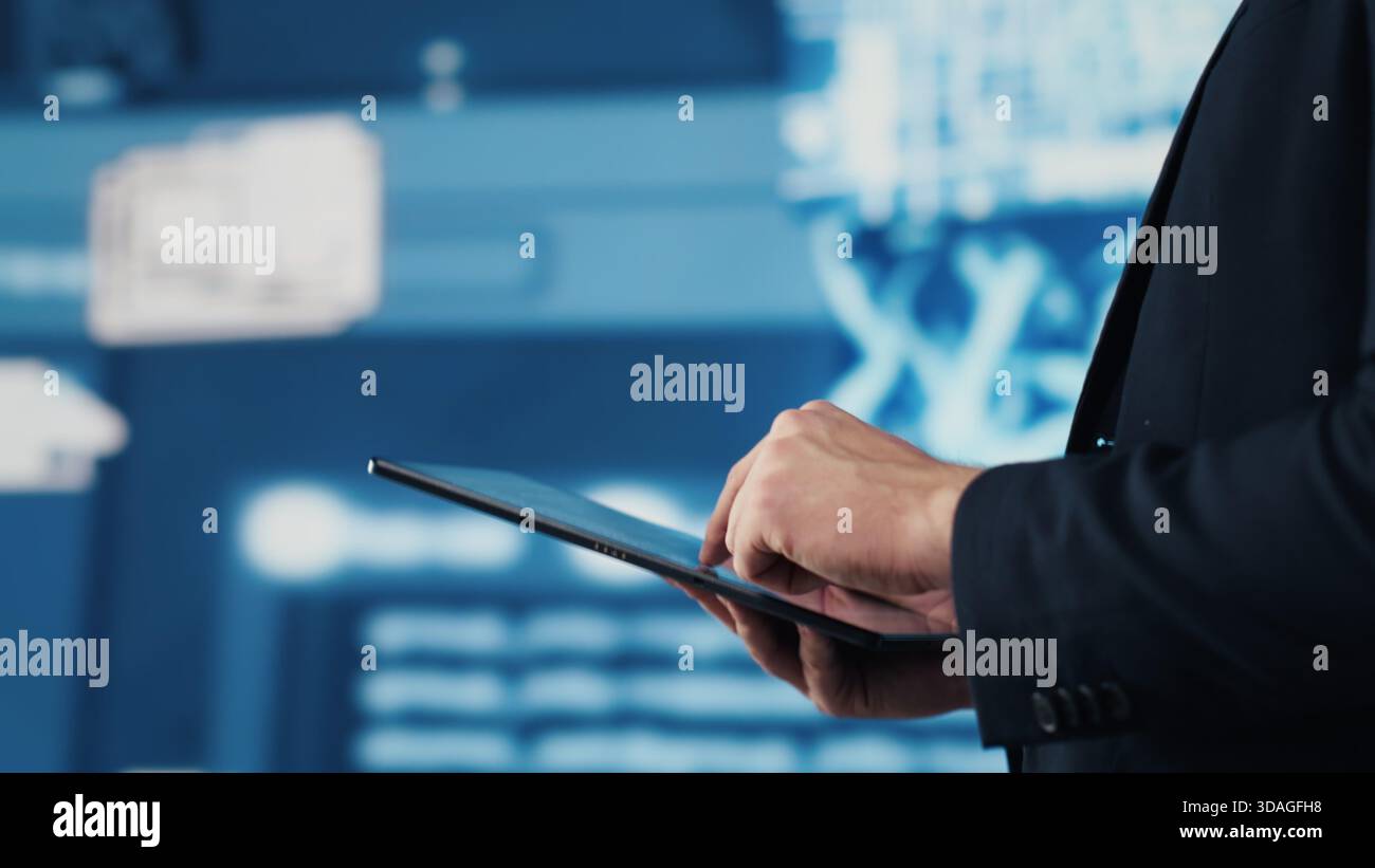 Engineer studying AI brain for data structures and predictive analytics, highlighting smart technology and deep learning for innovation and productivity. Algorithmic thinking. Camera A. Stock Photo