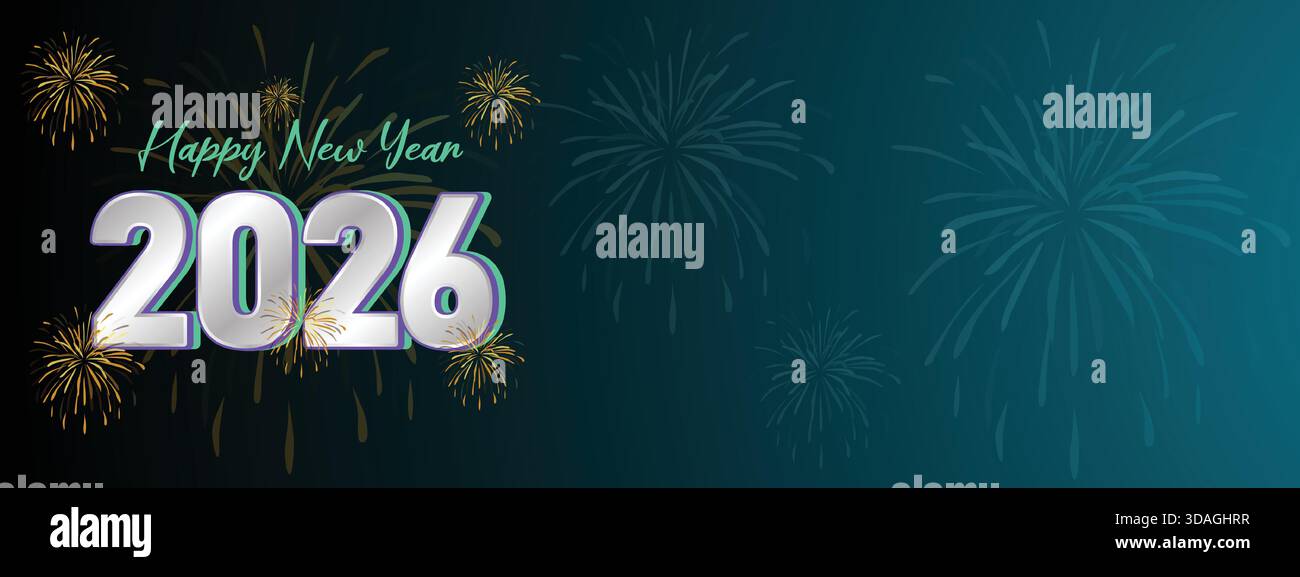 Metallic Gradient 2026 New Year Fireworks Banner Stock Vector