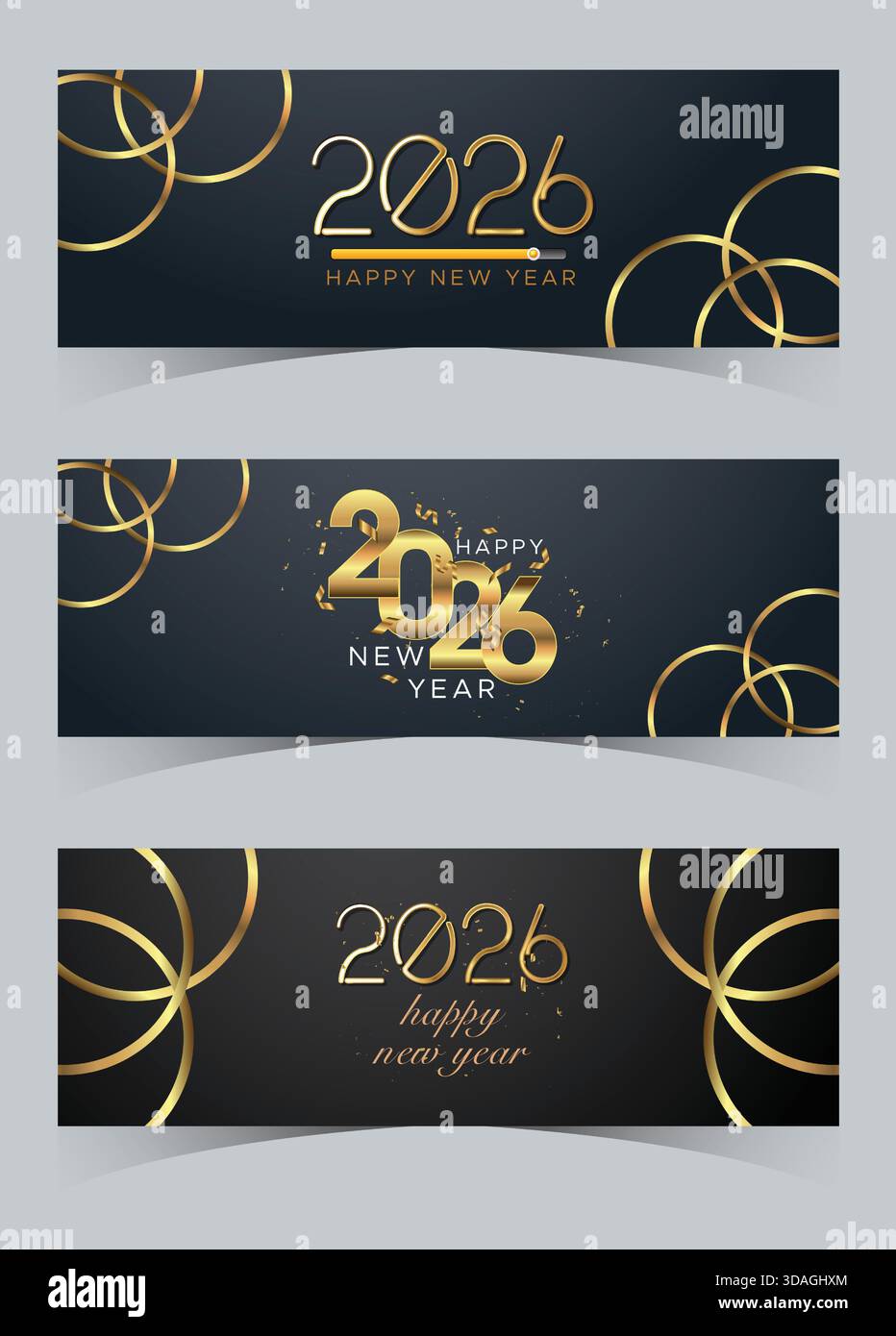Golden Geometry 2026 New Year Banner with Black Background and Circular ...