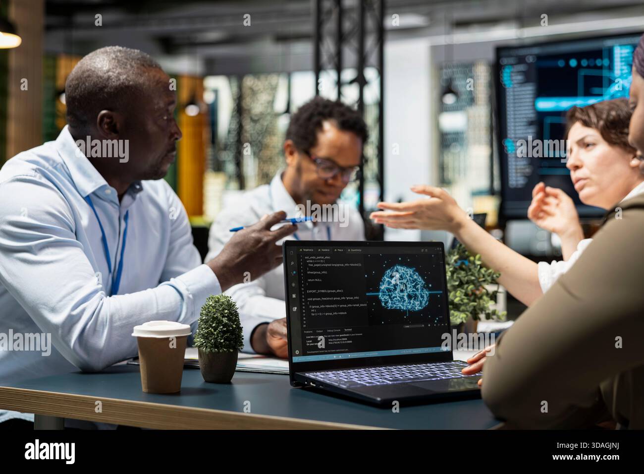 Startup coworkers discussing machine learning tech roadmap during briefing session. Computer scientists developing AI applications in office, analyzing system performance metrics after QA testing Stock Photo