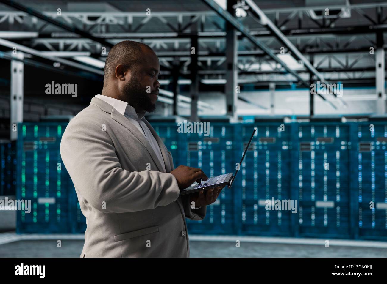 Server farm IT expert doing hardware scans, fixing network issues affecting rigs performance. African american data center admin runs system diagnostic tests on laptop, tracking resource utilization Stock Photo