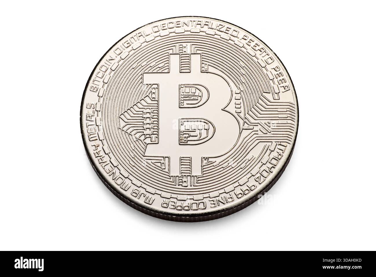 Close-up of a silver Bitcoin coin highlighting the BTC symbol and  circuit-like details. Represents digital currency, blockchain technology,  and modern Stock Photo - Alamy