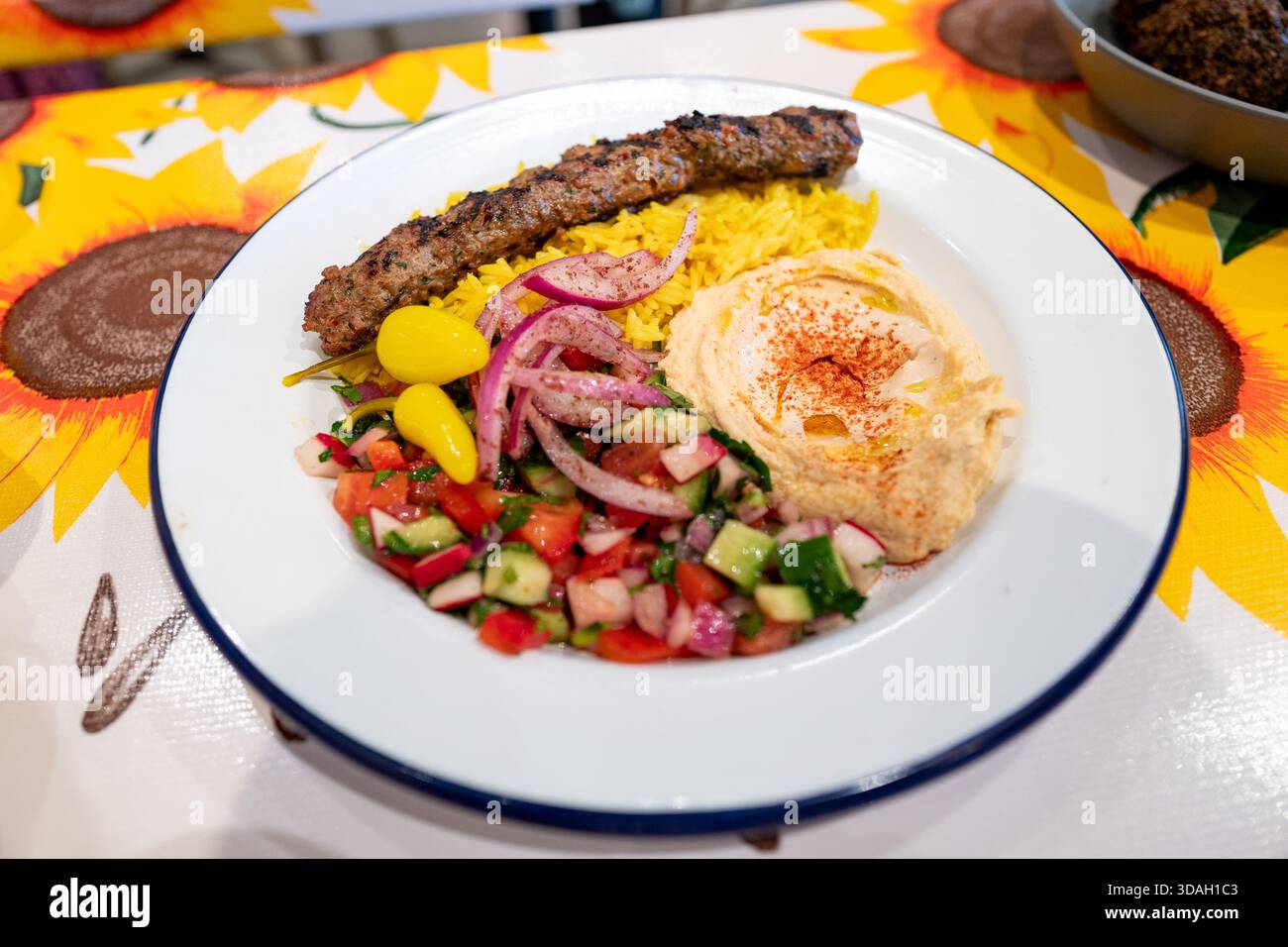 Close-up of hummus, rice, Israeli salad and meat on a plate at Bubbelah ...