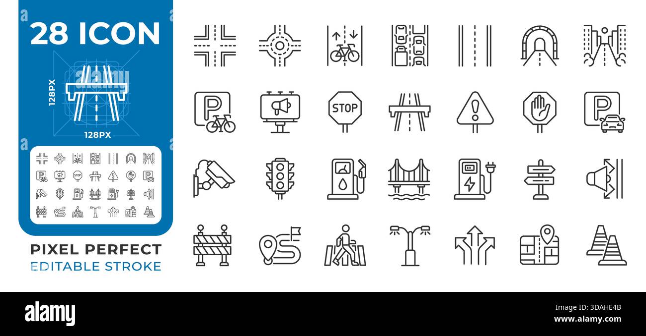 Road infrastructure pixel perfect line icons set Stock Vector