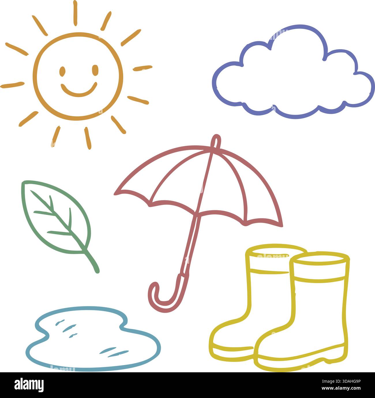 Cheerful weather icons showing sun cloud umbrella boots leaf and puddle. Stock Vector