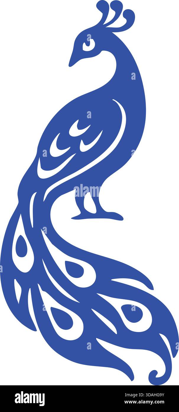 Stylized blue peacock standing proudly with patterned tail feathers. Stock Vector