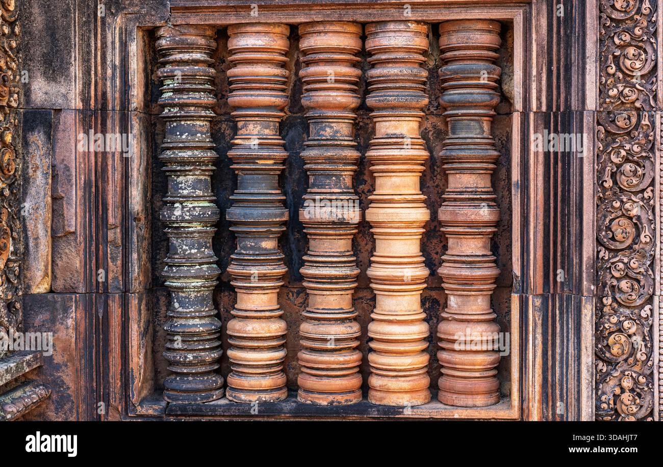 Ancient stone balusters window pillars detailed carving pink sandstone ...