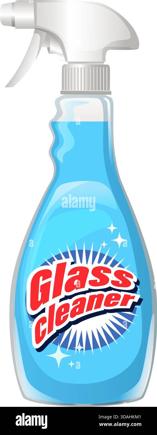 Transparent plastic spray bottle with blue liquid, bold label, clean ...