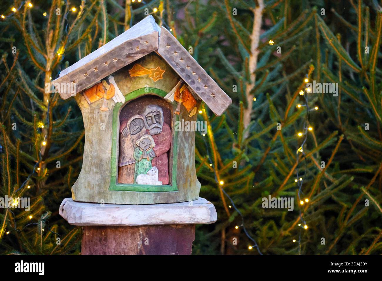 Rustic Nativity Rustic Nativity Scene in Wooden Shrine with Christmas Lights Stock ...
