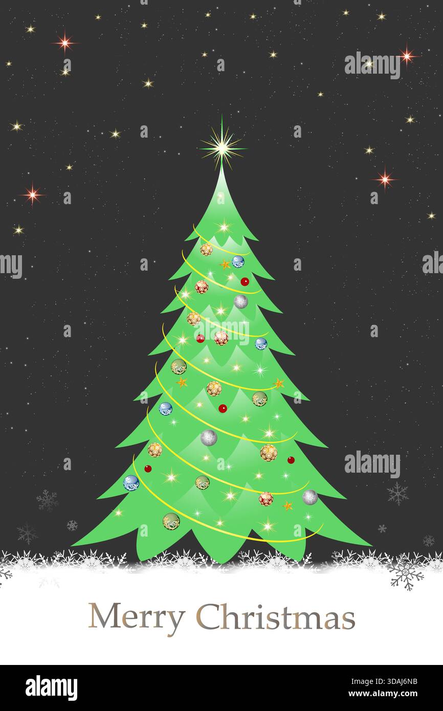 Elegant Christmas tree silhouette in white with snowfall on dark background. Stock Vector