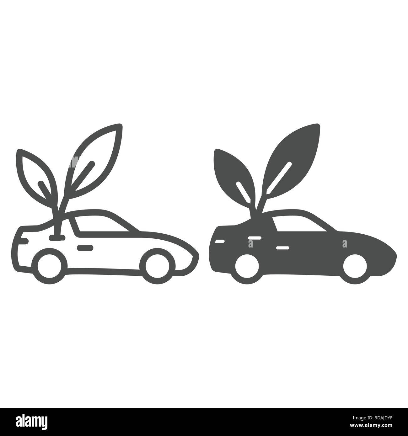 Electric car and green leaf line and solid icon, Eco car energy concept. Vector graphics. Automobile race car sign on white background, outline style Stock Vector