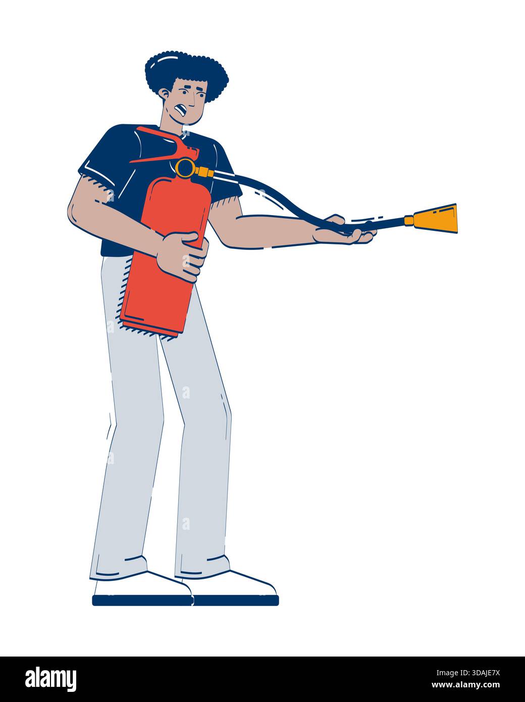 Anxious hispanic man using fire extinguisher 2D doodle character Stock Vector