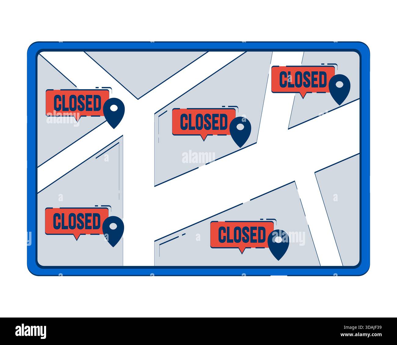 Digital map with multiple closed business locations 2D doodle object Stock Vector