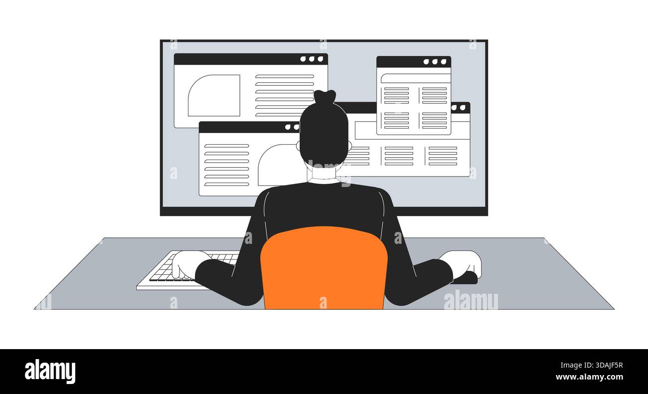 Man working on multiple web interface windows monitor 2D cartoon character Stock Vector