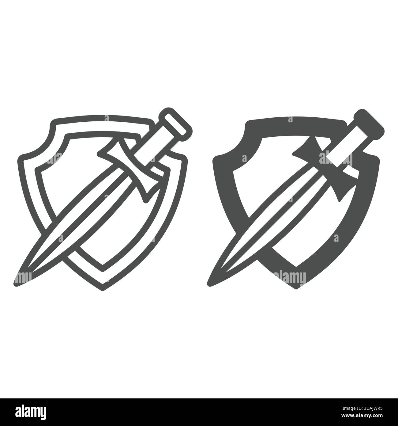 Sword knife with shield line and solid icon, medieval culture concept. Vector graphics. Medieval fight tool sign on white background, outline style ic Stock Vector