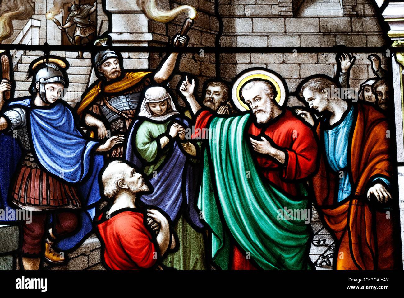 Saint Seine church.  Stained glass. The life of the apostle Saint Paul. Paul traveled to many cities to teach about Jesus. Corbigny. France. Stock Photo