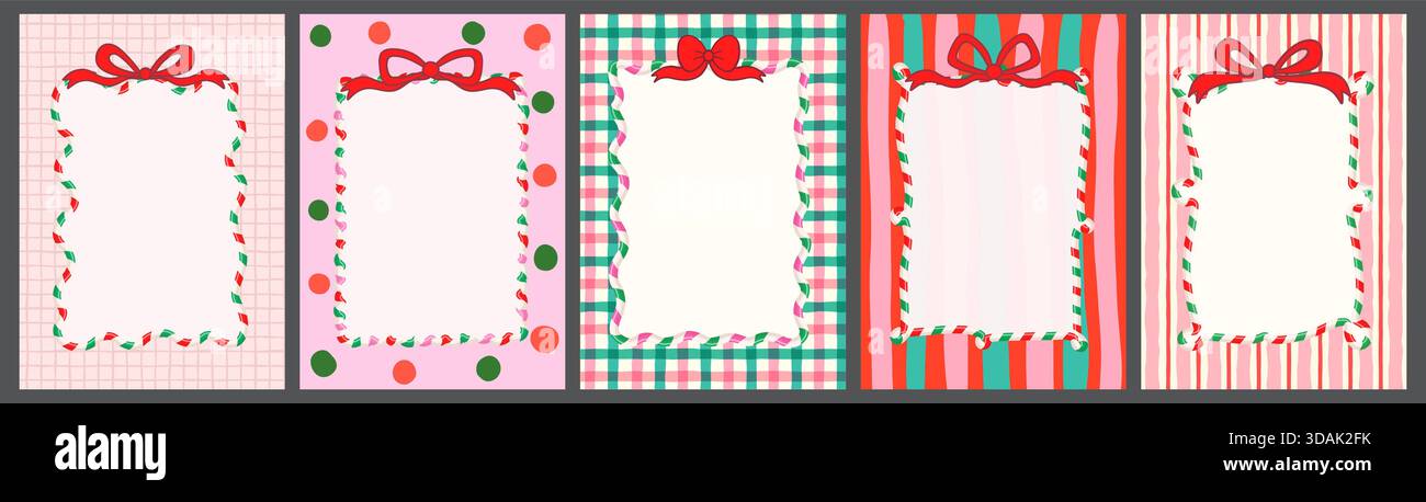 Cute Romantic Candy Cane Frames with Bows, Christmas or Valentine's Day Borders with Different Patterns Stock Vector