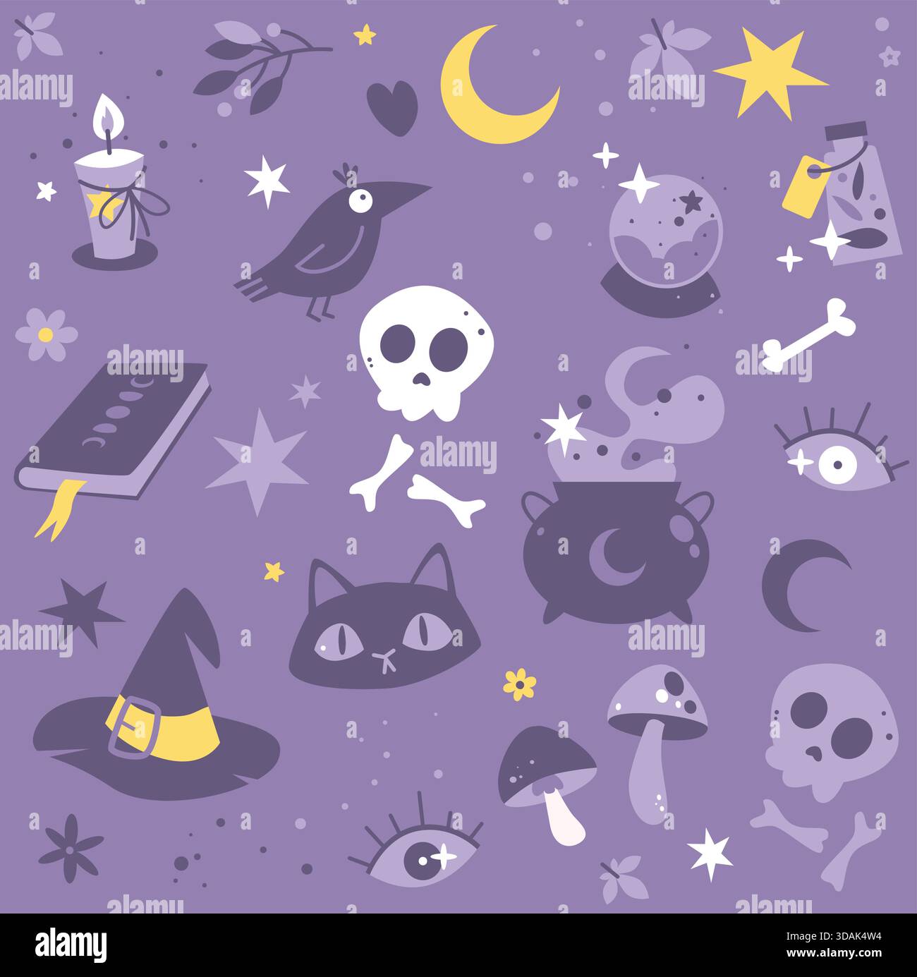 Cute, and whimsical seamless vector pattern featuring a crow, a black cat, a crystal ball, a spell book, a witch's hat, and other mystical objects in Stock Vector