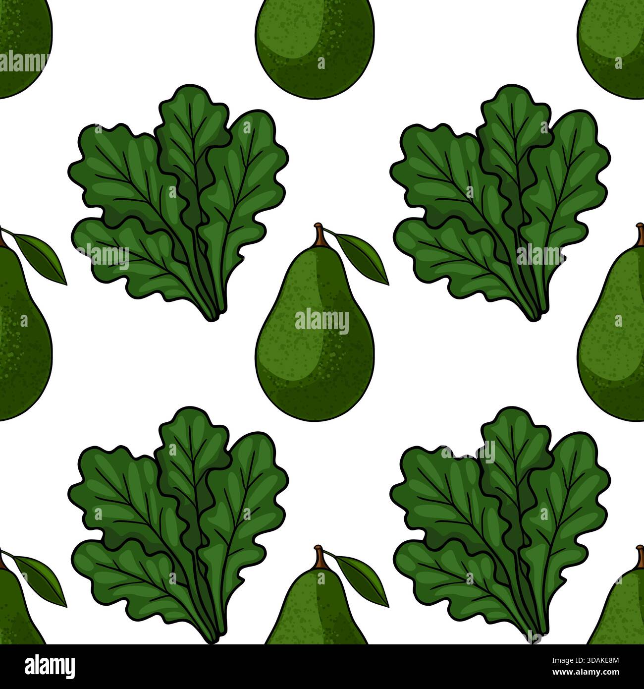 Seamless vector pattern featuring stylized green avocados and leafy greens on a white background. Stock Vector