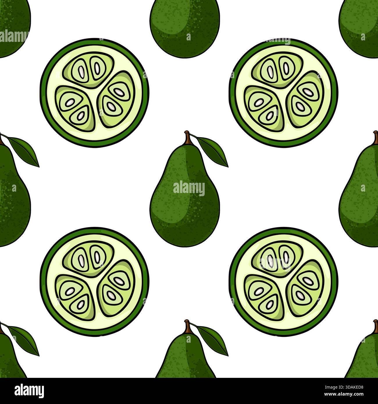 Seamless vector pattern featuring whole and sliced green feijoas with a stylized, illustrative look and a clean white background. Stock Vector