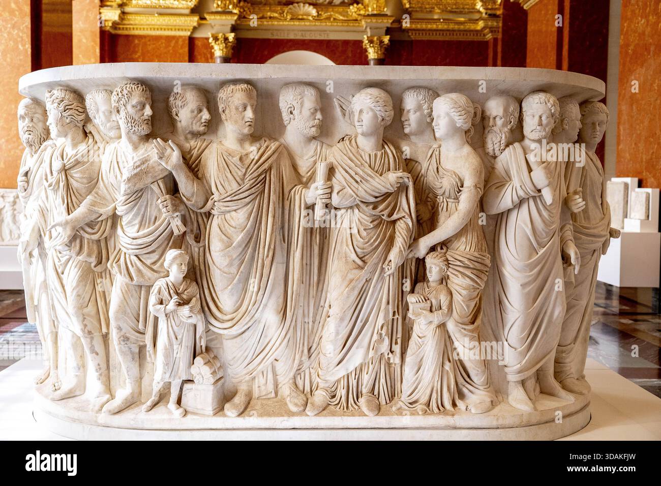 Torlonia collection displayed at the Louvre museum, Paris, France. Sarcophagus depicting a procession accompanying a magistrate and his wife. Marble, Stock Photo