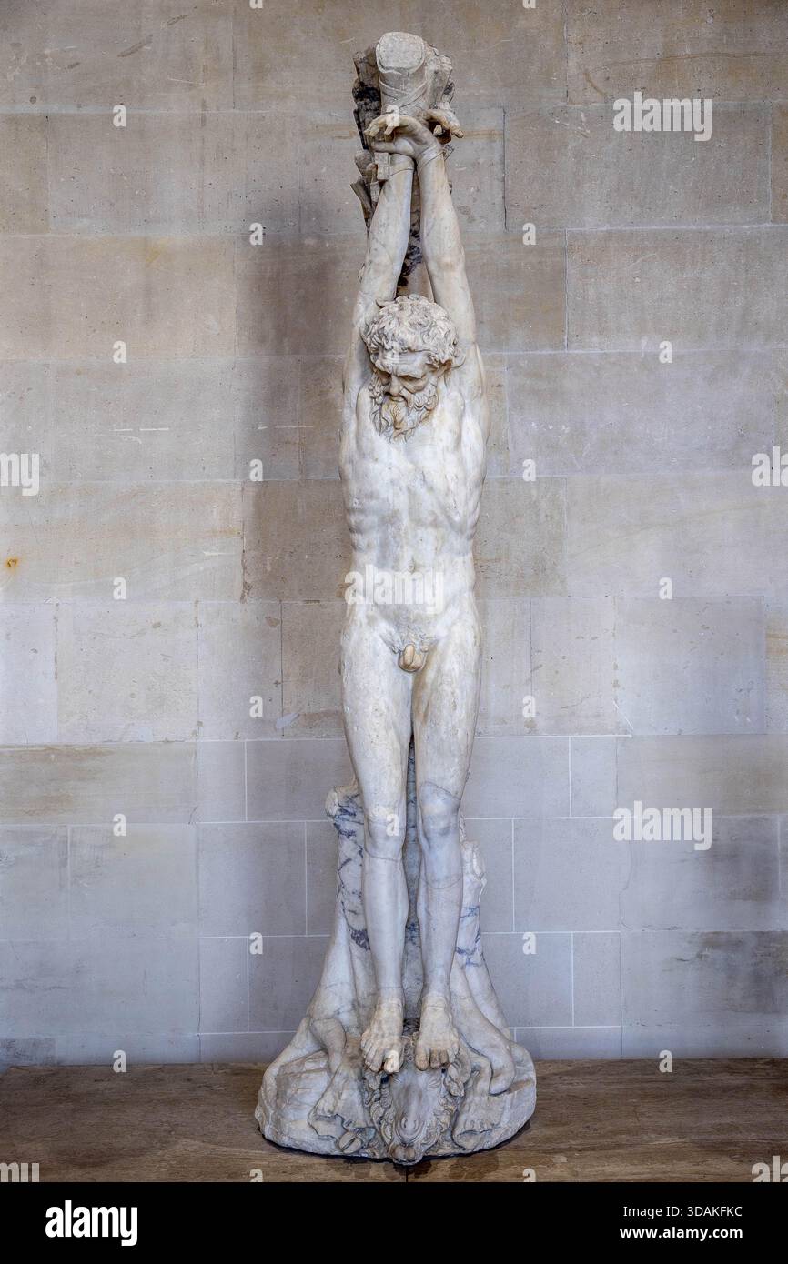 Flayed Roman Louvre museum, Paris, France. The Silenus Marsyas hanging from a pine ...