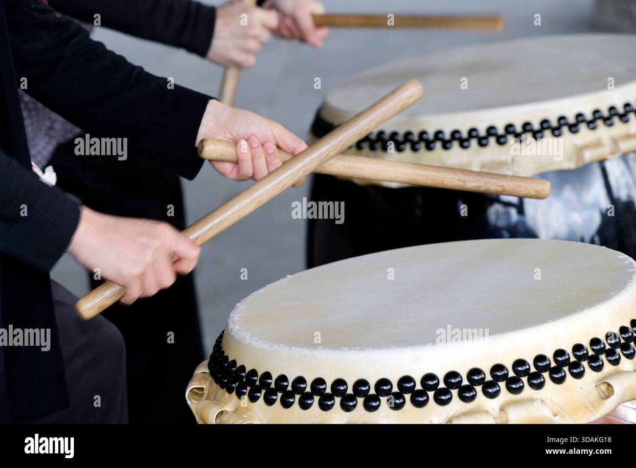Taiko performance. Taiko are Japanese drums used during traditional ceremonies or festivals or matsuri. France. Stock Photo