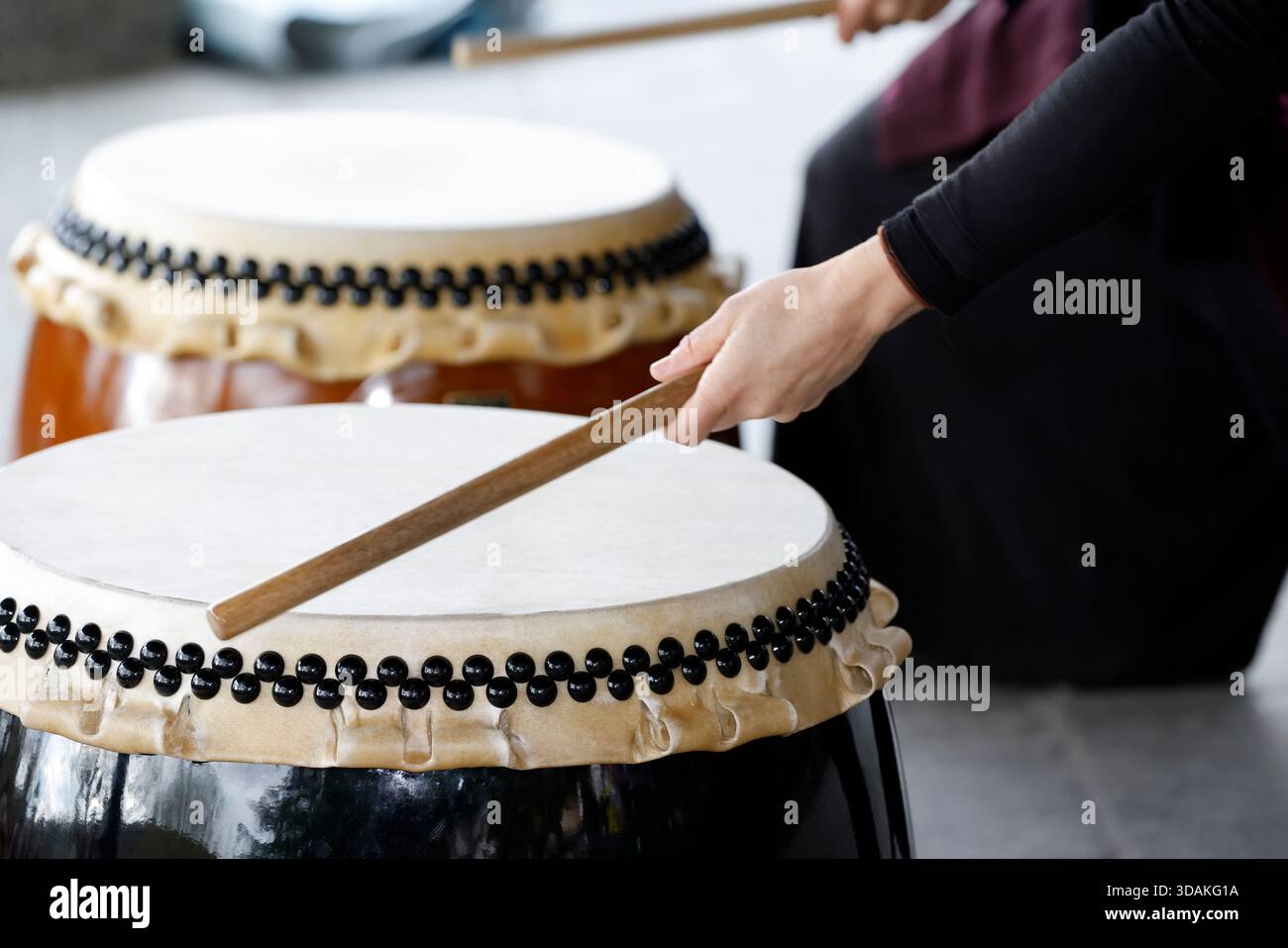 Taiko performance. Taiko are Japanese drums used during traditional ceremonies or festivals or matsuri. France. Stock Photo