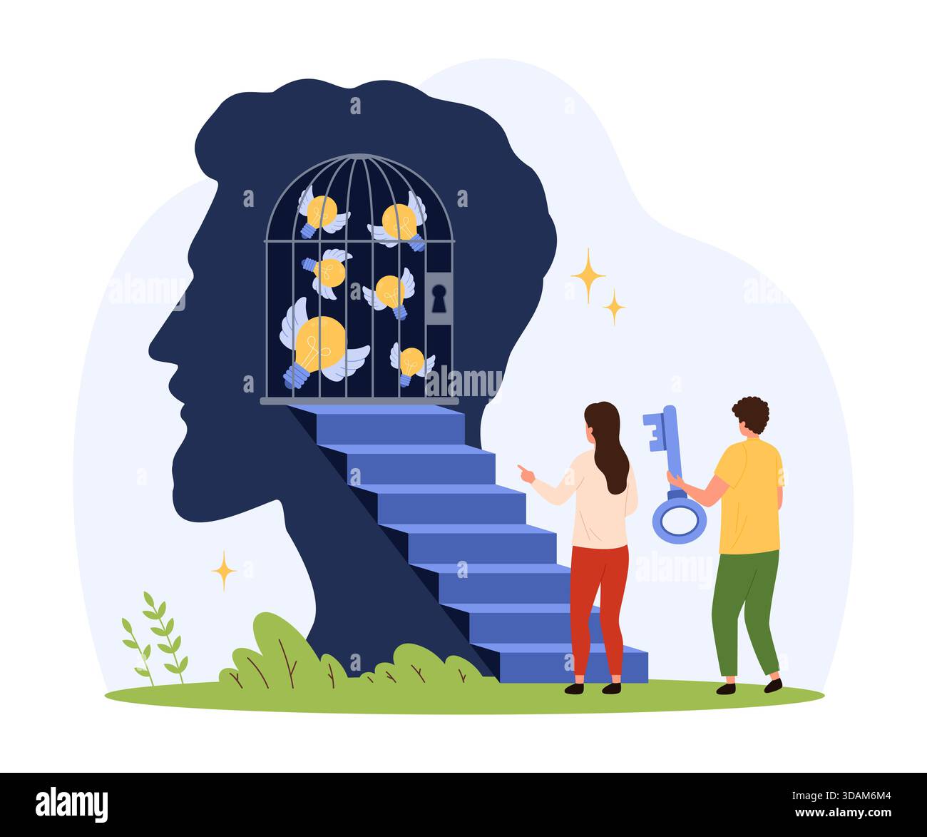 People holding a key approach a staircase leading to a human head ...