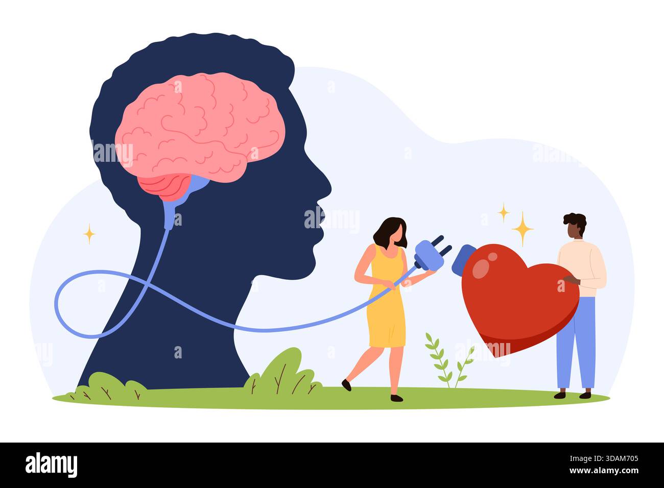 Human brain silhouette with cable connecting to heart symbol, people ...