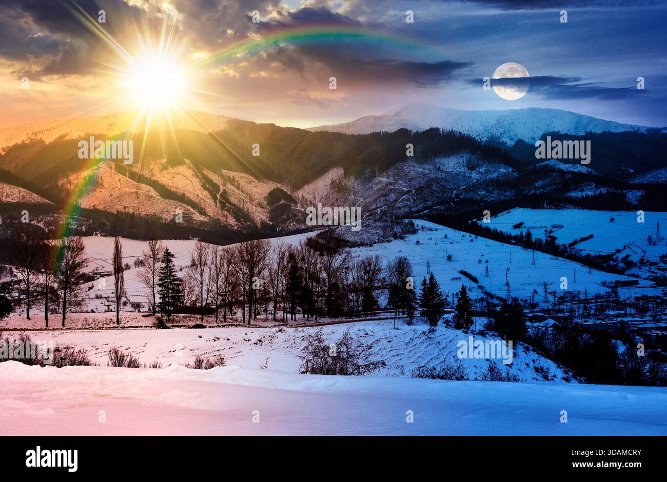 winter solstice sky over the mountains. day and night time change concept. beautiful light on snowy tops of ridge with sun and moon. serpentine pass i Stock Photo