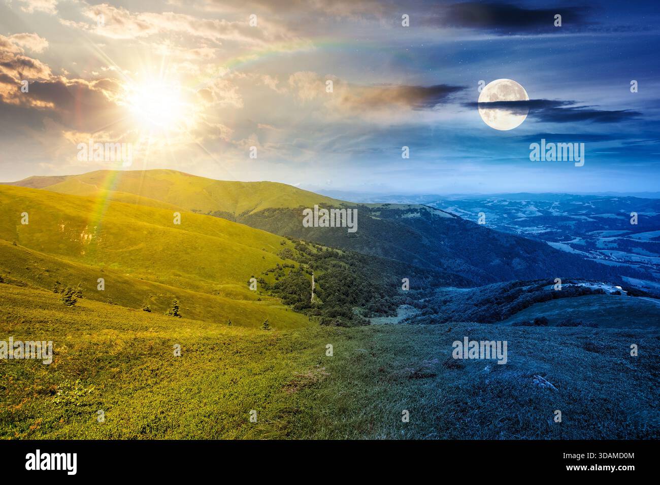alpine meadows in mountains on summer solstice. day and night time change concept. beautiful view of rolling hills with lush green grass under sky wit Stock Photo