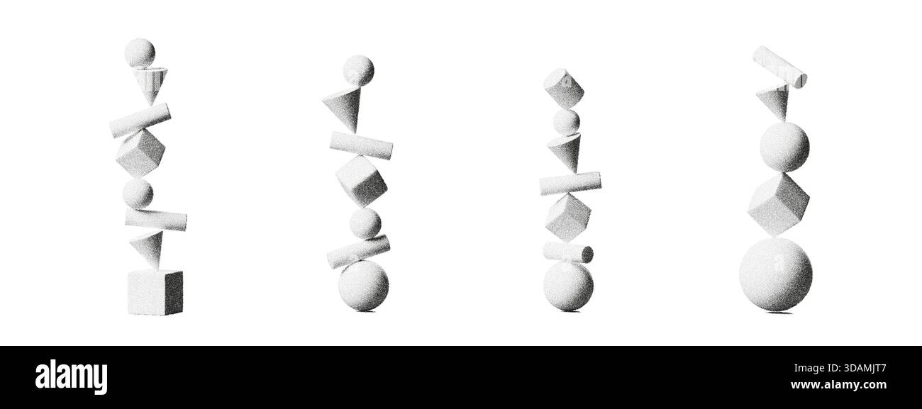 Abstract 3D balance shapes forming geometric stacks on a white ...